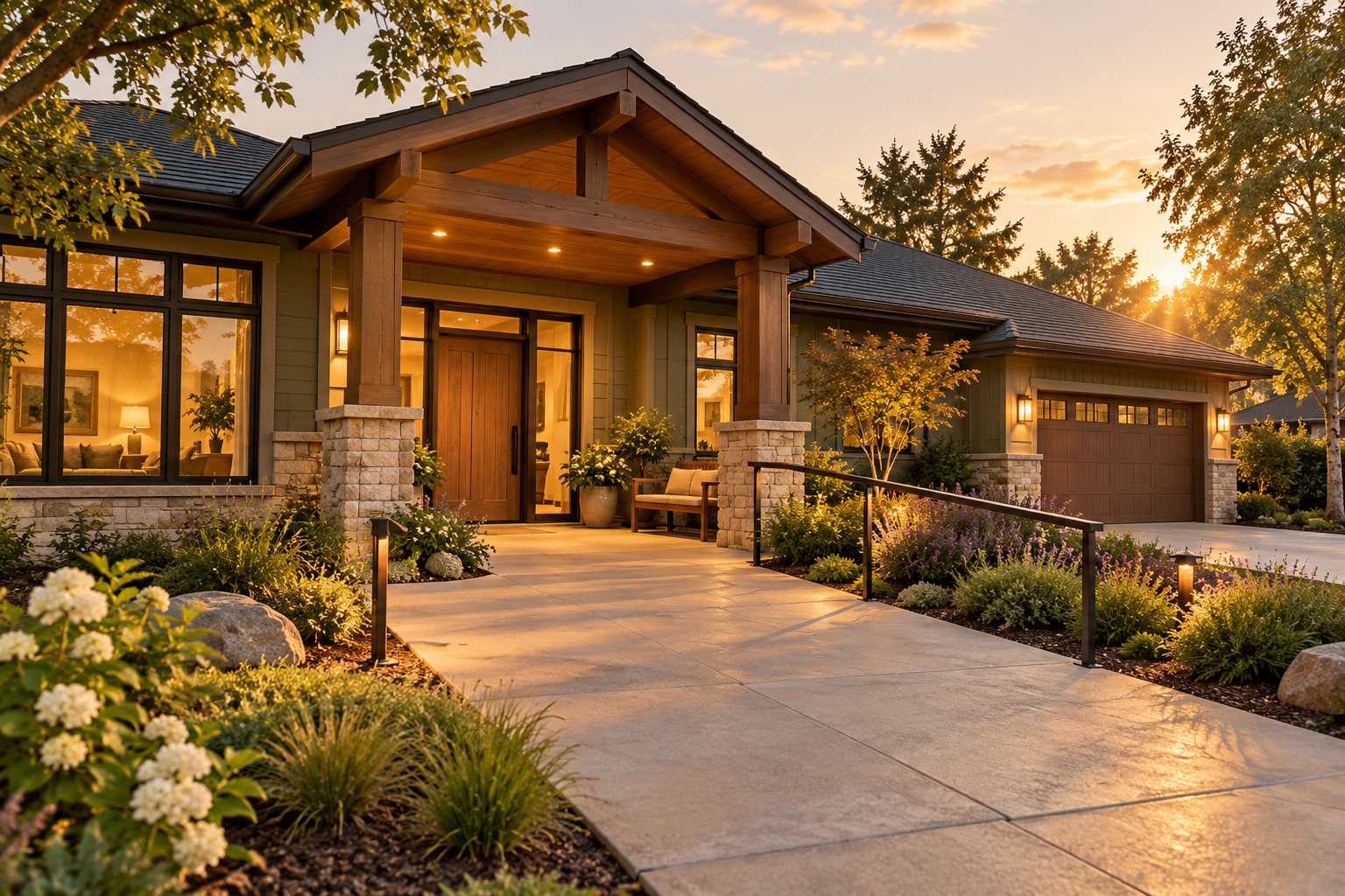 Craftsman home with seamlessly integrated aging-in-place features: zero-step entry, gently graded walkway, discreet handrails, wide doorway, smooth paving, resting bench, and warm pathway lighting.